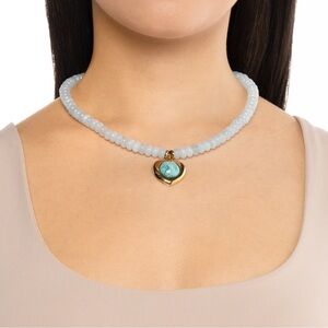 Mayamar Beaded Turquoise Heart Necklace Blue Gold White Beaded Boho Coastal